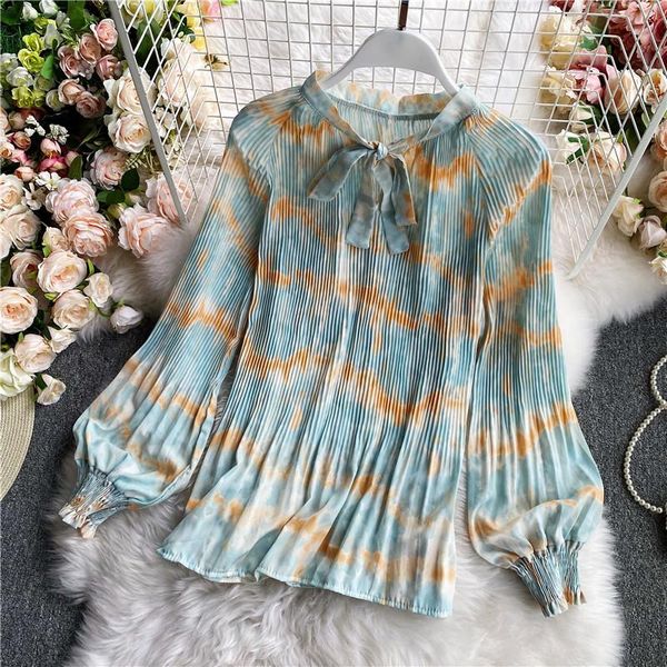 

floral pleated chiffon shirt women's bowknot lace waist long sleeve stand collar retro lantern uk224 blouses & shirts, White