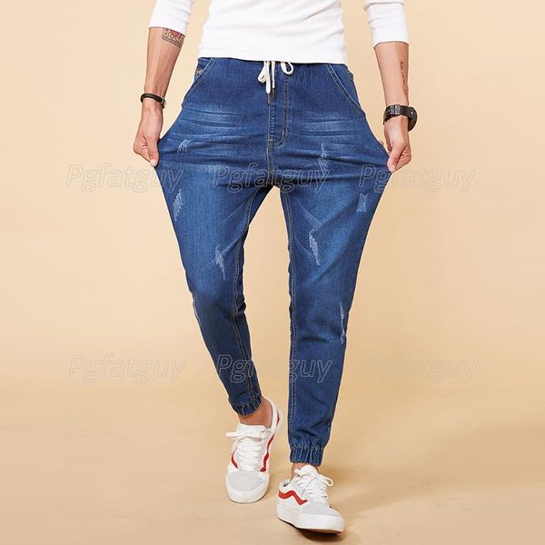 

men's jeans 7xl 8xl stretch big size chinese style elastic waist harem long pants casual slim-fit distressed denim trousers, Blue