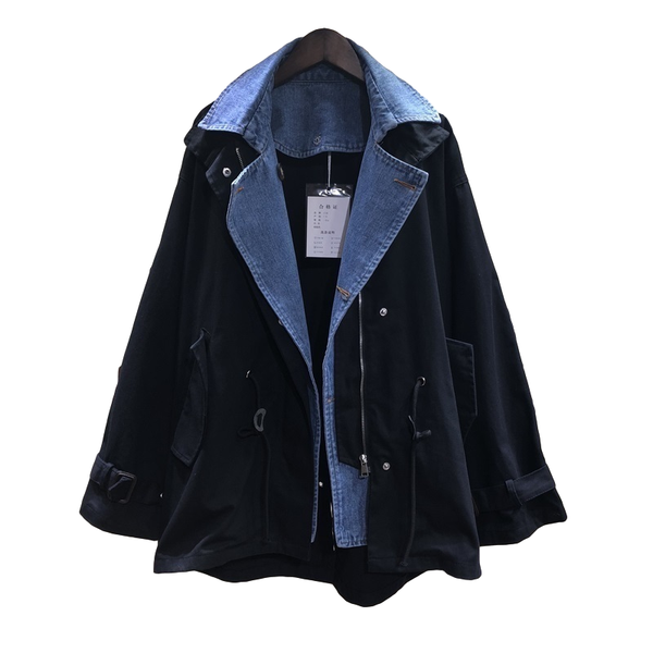 

women's jackets 2021 autumn thin styles turn-down collar full sleeves denim spliced a-line jacket female korean coat jeans women jaquet, Black;brown
