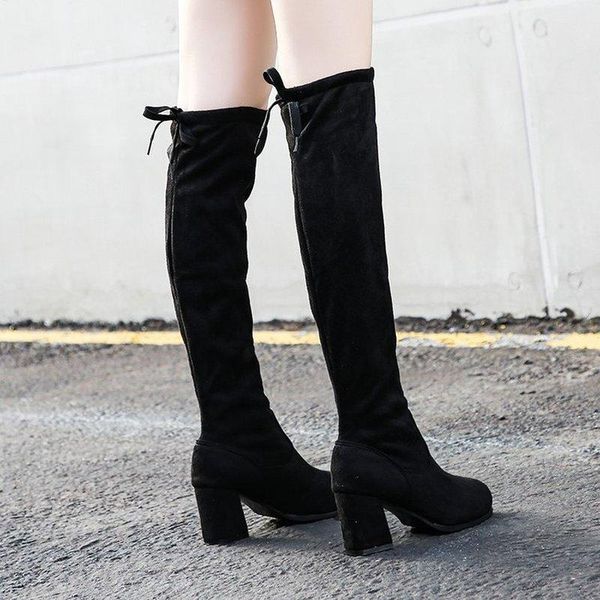 

boots small over-the-knee women's high-heeled winter plus velvet 2021 thick-heeled high-stretch, Black
