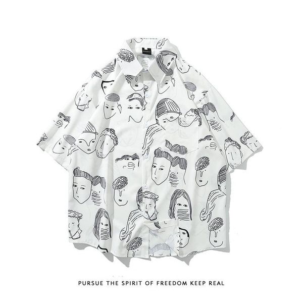 

men's casual shirts 2021 summer harajuku style loose hawaiian shirt black white print for man blousing blouse leisure clothing, White;black