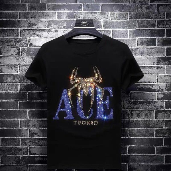 

men's t-shirts british style mens summer skull t shirts blingbling t-shirt homme fashion streetwear rhinestones print man tees camiseta, White;black