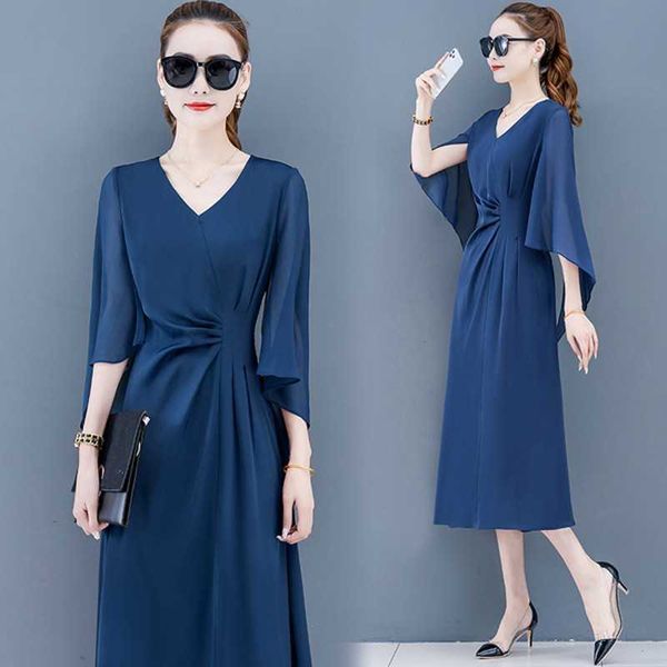 

summer elegant women three quarter sleeve v-neck high waist temperament satin chiffon dress 210531, Black;gray