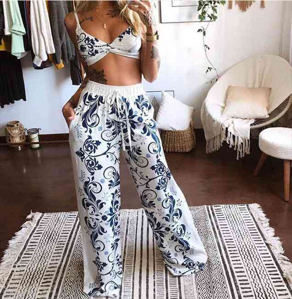 

summer wide leg suit womens pants bra print drawstring two piece set loose casual boho trousers, Black;white