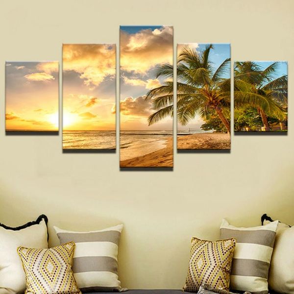 

modern wall art pictures home decoration posters 5 panel palm trees sea sunset landscape frame living room hd printed painting other decor