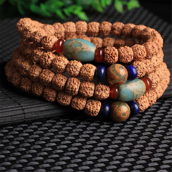 

beaded, strands arrival simple natural 5 petals rudraksha beads bracelet 108 mala hand string men or women pure blue shoushan stone jewelry, Black