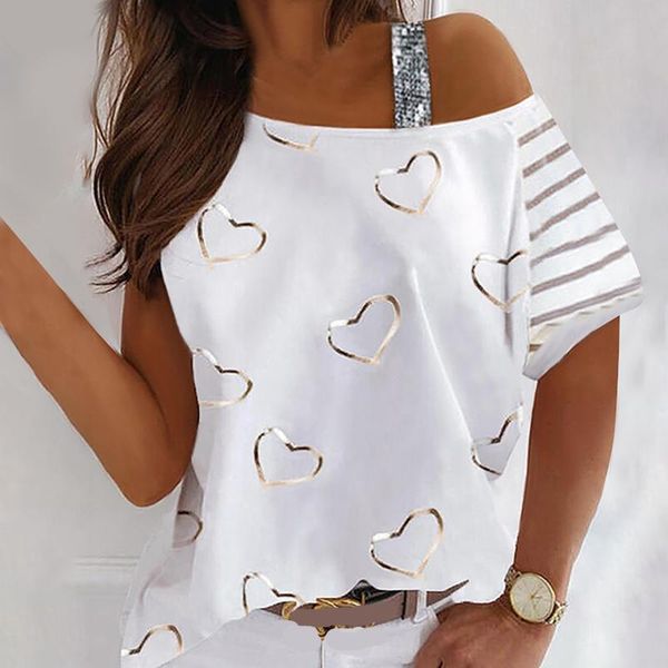 

women's t-shirt 40# lovely love print shiny loose shoulder short sleeve casual one-shoulder t_shirts camisetas de mujer, White