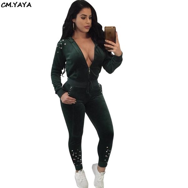 

women's two piece pants women long sleeve beading pearls velvet hooded zip open sweatshirts pencil pieces sets sports tracksuit l5298, White