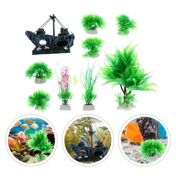 

9pcs fish tank ornaments artificial aquarium plastic grasses and flowers decorations