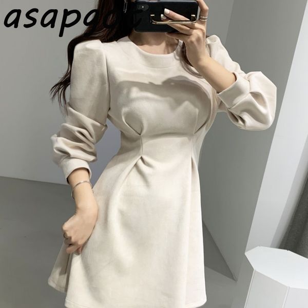

2021asapgot korea chic elegant light mature woman autumn winter temperament retro waist slim round neck mini dress women full, Black;gray