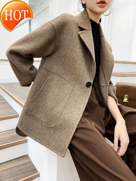 

women's two piece pants cashmere alpaca double-sided coat women's short 2021 high-end autumn and winter thickened woolen, White