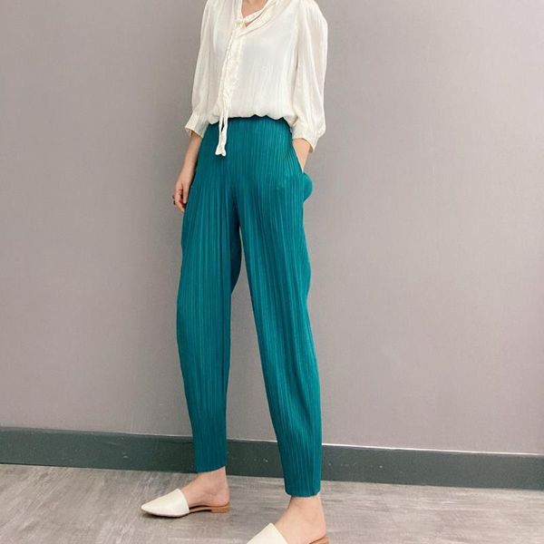 

autumn winter miyake pleated womens capri pencil korean aesthetic carrot black harem high waisted trousers, Black;white