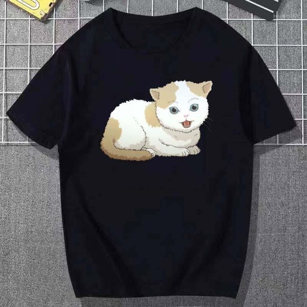 

men's t-shirts anime cartoon cat cute lifelike funny printed shirt round neck 100% cotton t-shirt summer sweat-absorbent and breathable, White;black