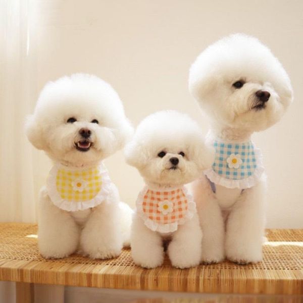 

dog apparel embroidered flower bandana puppy saliva towel plaid pet neckerchief scarf pets grooming accessories supplies
