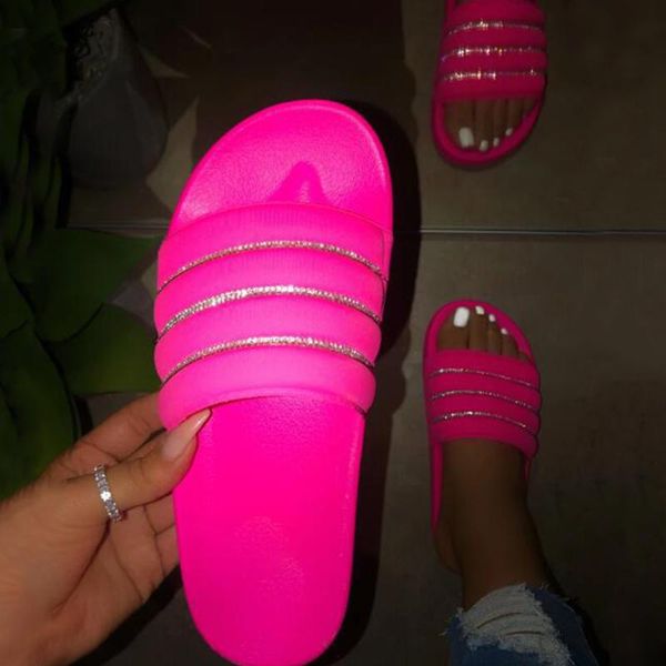 

slippers rimocy rose red beach sliippers women summer rainbow bling crystal slides woman light flat heel outdoor sandals ladies 2021, Black