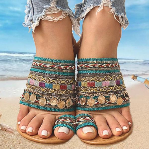 

slippers bohemian ethnic style women sequins flat female sandals woman greek anti-slip flip flops outdoor wear flipflops shoes, Black