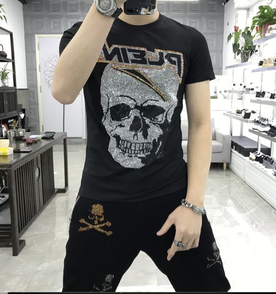 

full cotton men t-shirt brand classic rhinestone print good quality summer casual streetwear pullover short sleeve crew neck tees size m-5x, White;black