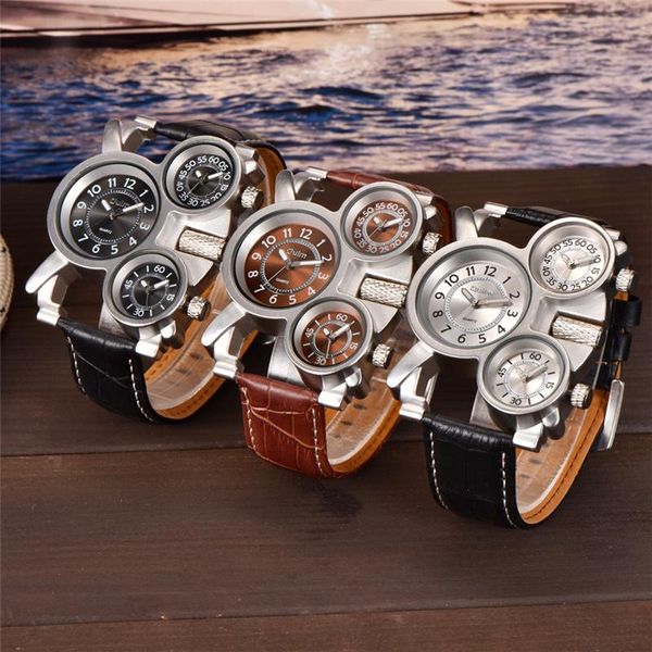 

wristwatches oulm drop men watches 3 time zone clock outdoor travel casual wristwatch male leather watch, Slivery;brown