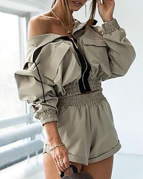 

women's tracksuits fashion 2 piece set women hoodies tracksuit soild pockets zipper design hooded & short pants sets casual, Gray