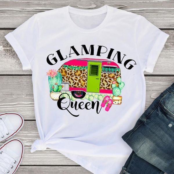 

graphic leopard truck camping women vacay mode short sleeve print summer shirt clothing female t womens, White
