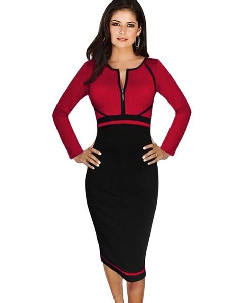 

casual dresses elegant women business dress european fashion woman full sleeve o-neck stitching pencil bodycon ladies vestido plus size, Black;gray