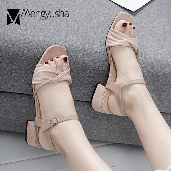 

dress shoes korean solid twistknot band flock gladiator sandals woman chunky med heels women slingback buckle sandalias femme2021, Black