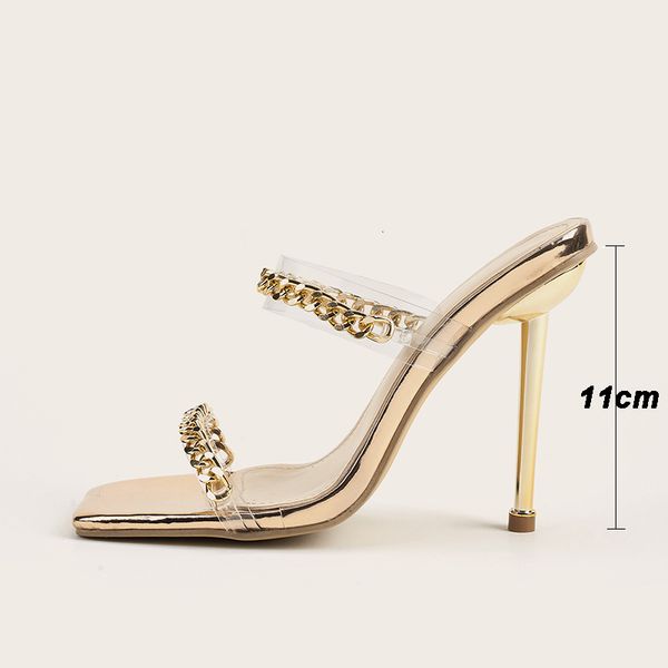 

sandals gold chain design pvc slippers summer fashion square head open toe metal high heels slip on slides women mules on9o, Black