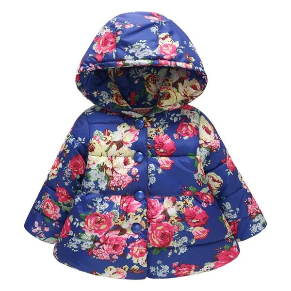 

jackets girl's winter flower printed padded jacket with hooded buttons, Blue;gray