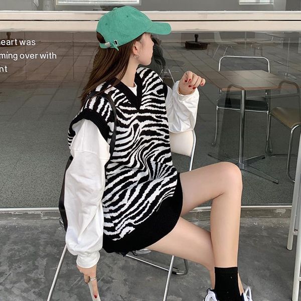 

women's vests vintage soft sweater vest loose korean style autumn casual sleeveless chaleco punto mujer women clothes de50mj, Black;white