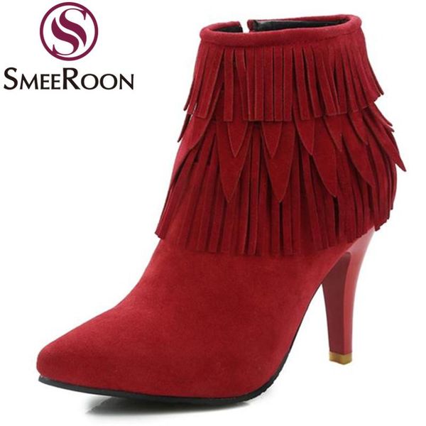 

boots smeeroon ankle woman tassel pointed toe women's shoes convenient zipper winter grind arenaceous high heels, Black