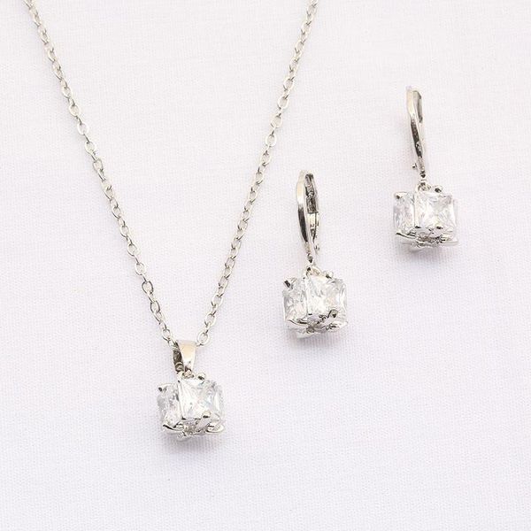 

earrings & necklace simple square zircon jewelry set for women silver color hoop fashion accessories wholesale kcs220