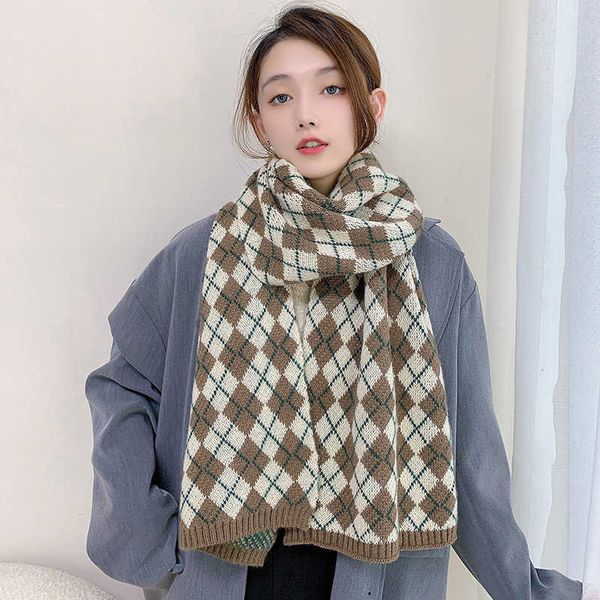 

2021 prismatic plaid scarf women's autumn and winter knitted cashmere like warm thickened bib, Blue;gray