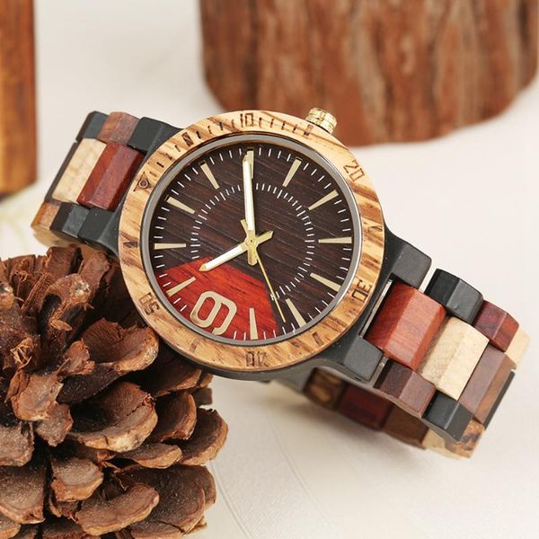 

wristwatches creative arabic numerals 9 display wood watch men's mixed color full wooden quartz wristwatch watches male clock hour, Slivery;brown