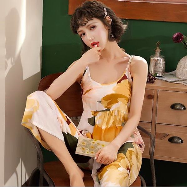 

women's sleepwear sling sleepwear pajamas women spring summer sleep + pant set vintage print ladies pyjamas home suit pi, Black;red