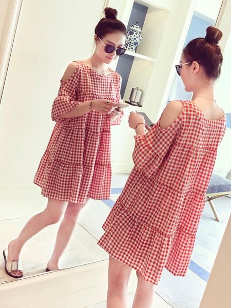 

maternity & tees pregnant women summer horn short sleeve shirts plus size ruffles patchwork cotton blouses off shoulder plaid clothes, White