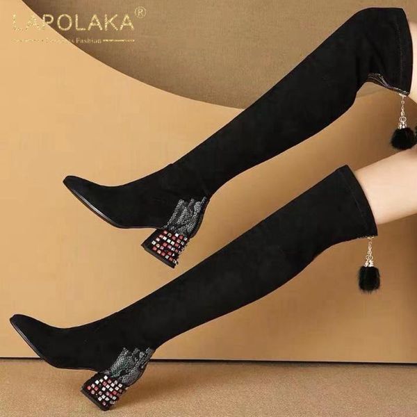 

boots lapolaka 2021 square heels over-the-knee woman shoes metal decoration zipper ladies female, Black