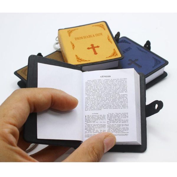 

keychains mini english/spanish holy bible religious christian cross keyrings leather cover small real book pendants key chains, Silver