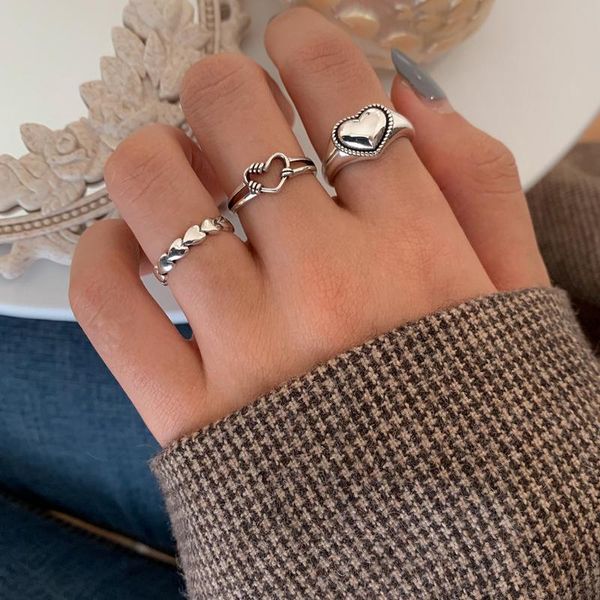 

cluster rings ins love heart ring vintage hollow retro simple temperament for women girls fashion jewelry gift, Golden;silver