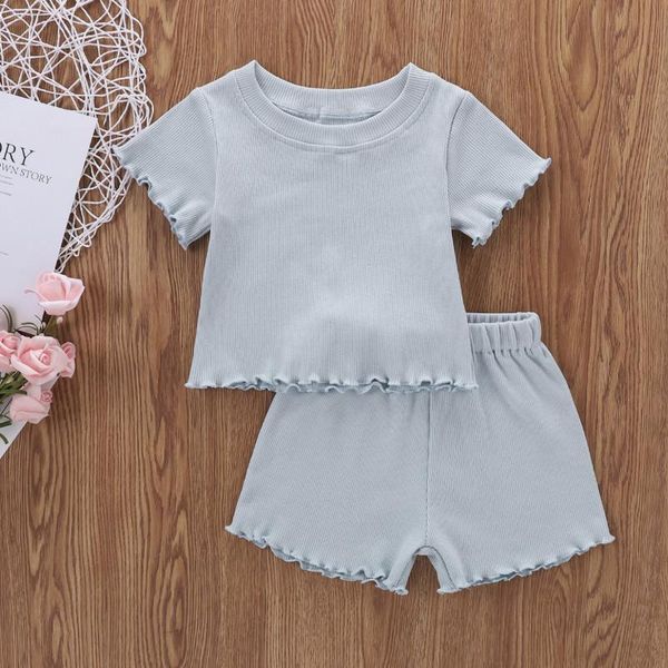 

clothing sets 2pcs toddlers summer suit 2021 , solid color ribbed o-neck short sleeves + elastic waist shorts outfits for girls, boys, White