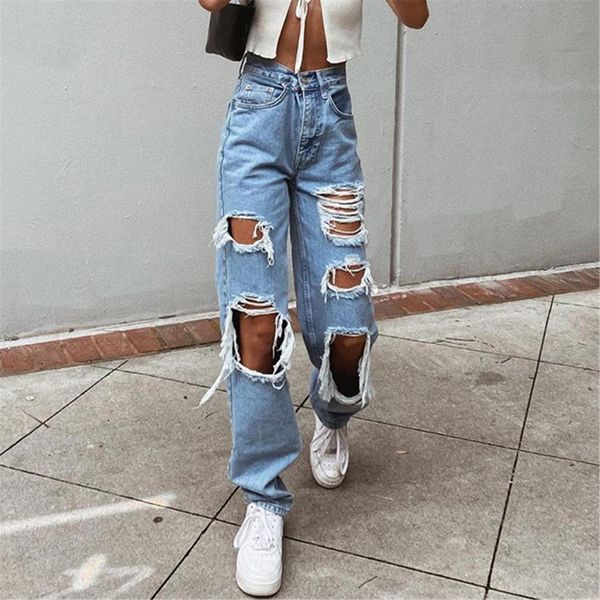 

fashion casual pants big womens jeans holes long trousers ripped frayed loose denim clothing, Blue