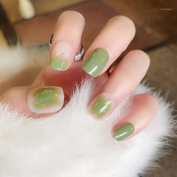 

24pcs/box short square head press on fruit green gold sequins students wearable full cover finished products fake nail with glue1, Red;gold