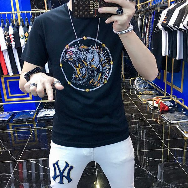 

w0696 drilling tiger head cotton short sleeve t-shirt fashion brand ins trend 2020 summer new half sleeve, White;black