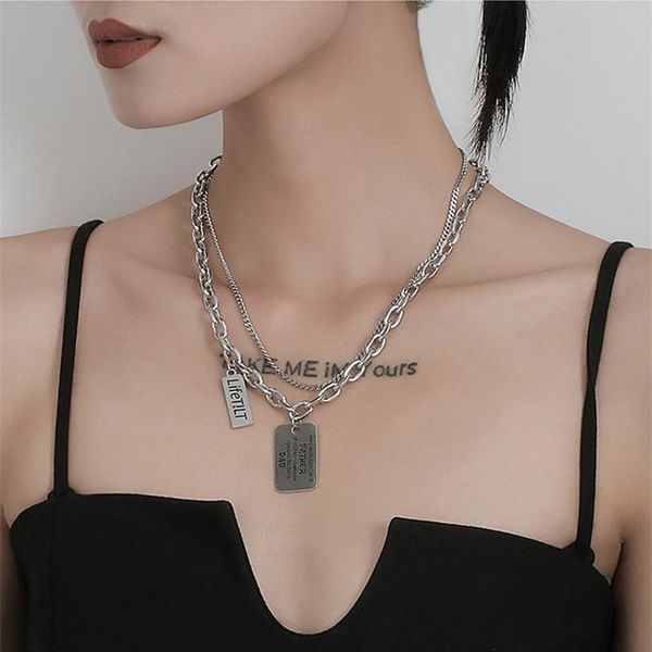 

chains hangzhi 2021 titanium steel neutral square brand letter necklace hip hop double layer light luxury wild clavicle chain, Silver