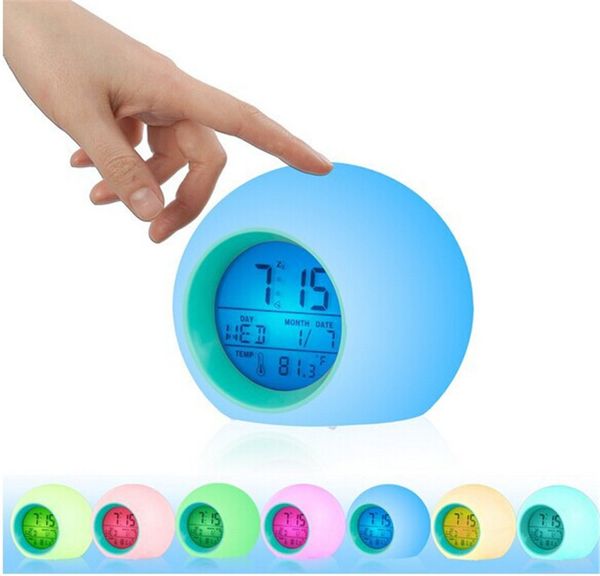 Creative Spherical Despertador Digital LED Acordar Luz 7 Cor Luminosa Natural Sound Table Relógios Circular Perpétua Calendário