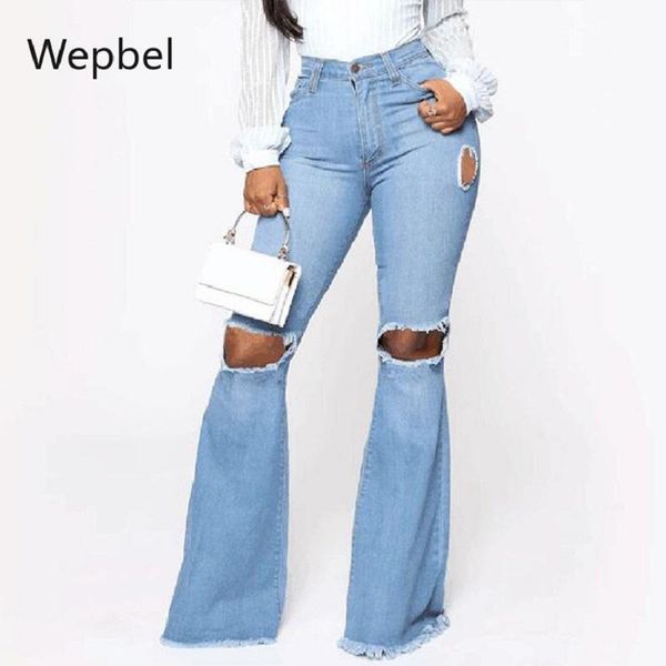 

women's jeans wepbel ripped tassels women denim flare pants high waist tight hole washed bleached trousers famale, Blue