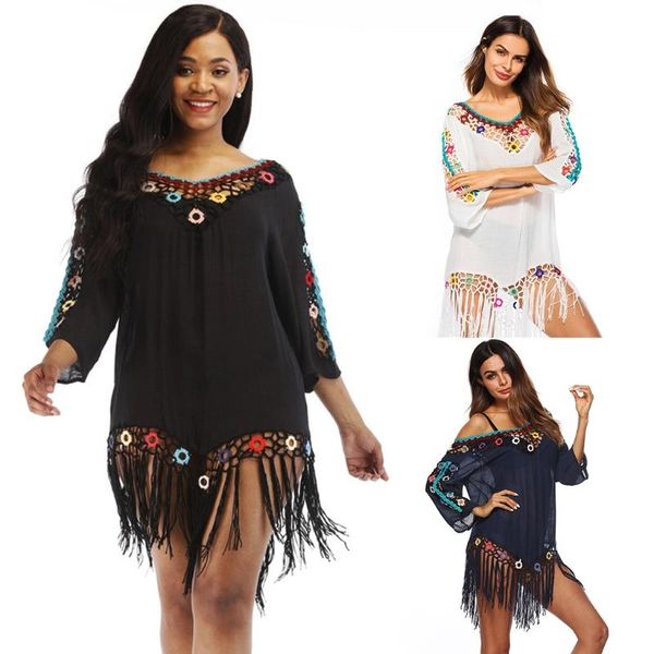 

women's swimwear women bathing suit swimsuit cover ups 3/4 sleeve v-neck irregular tassel beach dress off shoulder floral crochet, White;black