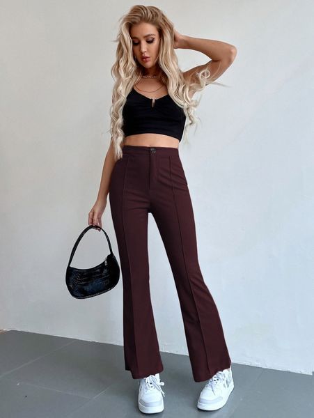 

seam front high waist flare leg pants 416q#, Black;white