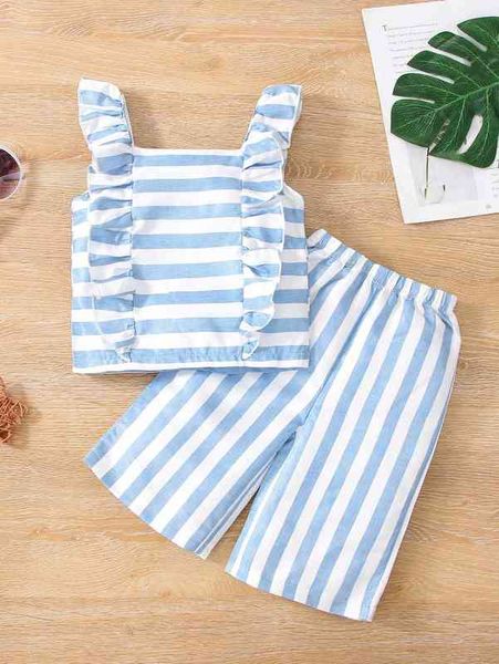 

baby striped print ruffle trim & pants she, White