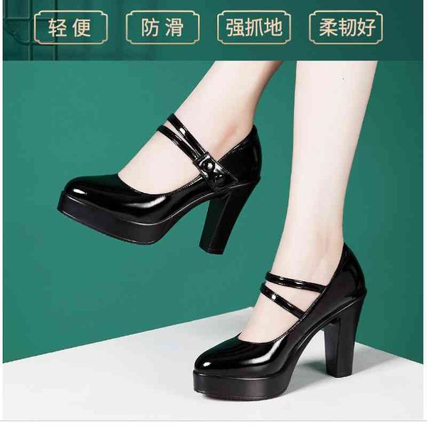 

sandals soft leather non-slip high heels shallow mouth round toe patent single shoes large size small wedding women 3a5o, Black