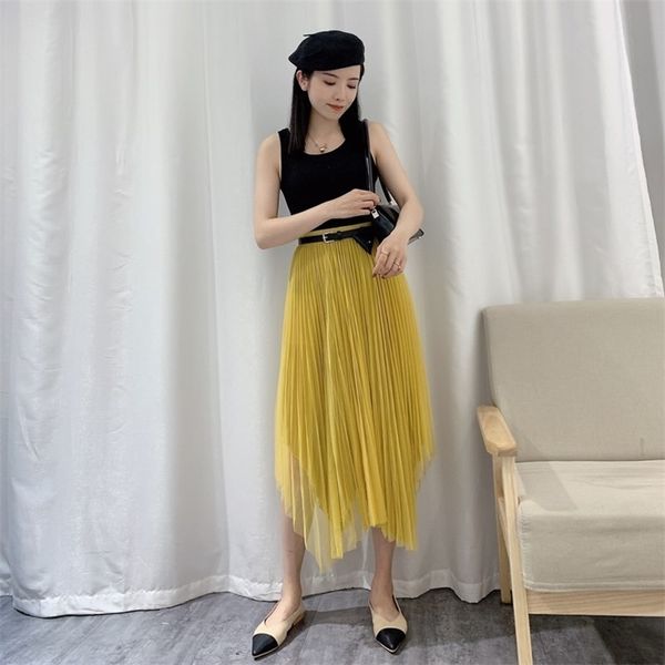 

summer korean elastic high waist slim mesh long skirt casual solid color yellow women a-line pleated 210527, Black